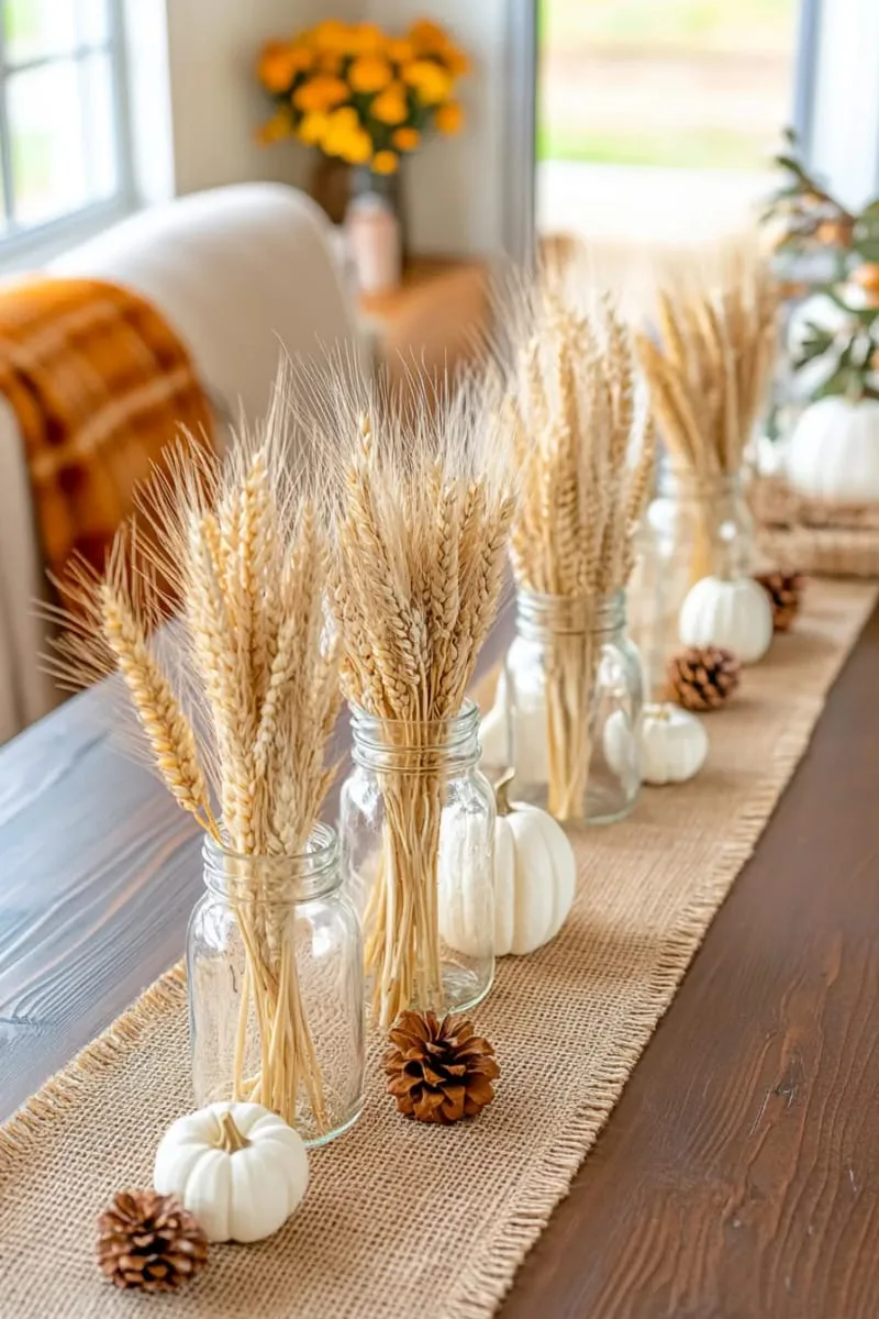 large mason jars filled with dried wheat and pampas grass 1