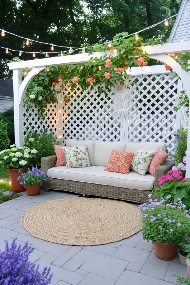 27 New Small Backyard Designs to Copy For Your Outdoor Space 58 lattice privacy screen with climbing roses and fairy lights 1