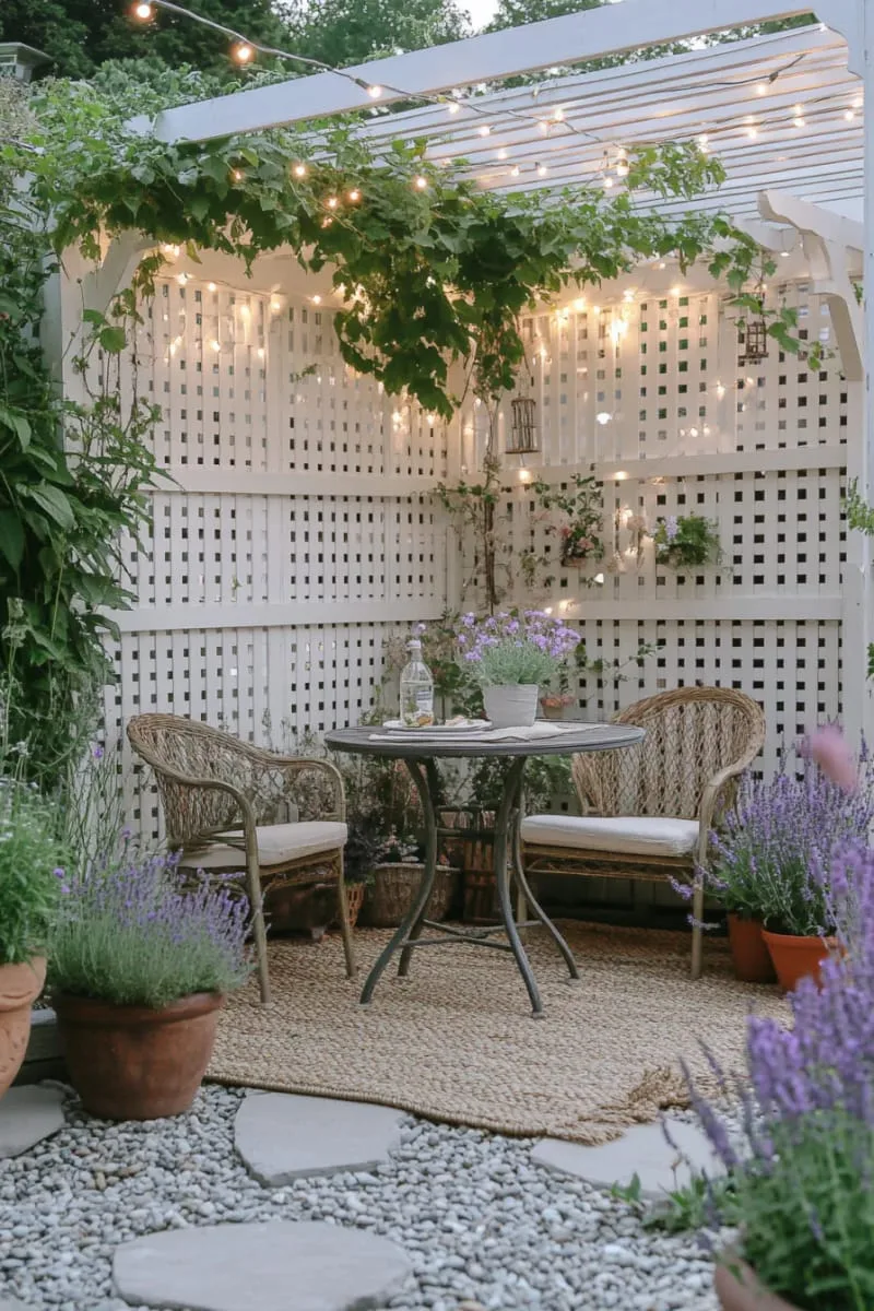 27 New Small Backyard Designs to Copy For Your Outdoor Space 59 lattice privacy screen with climbing roses and fairy lights 1