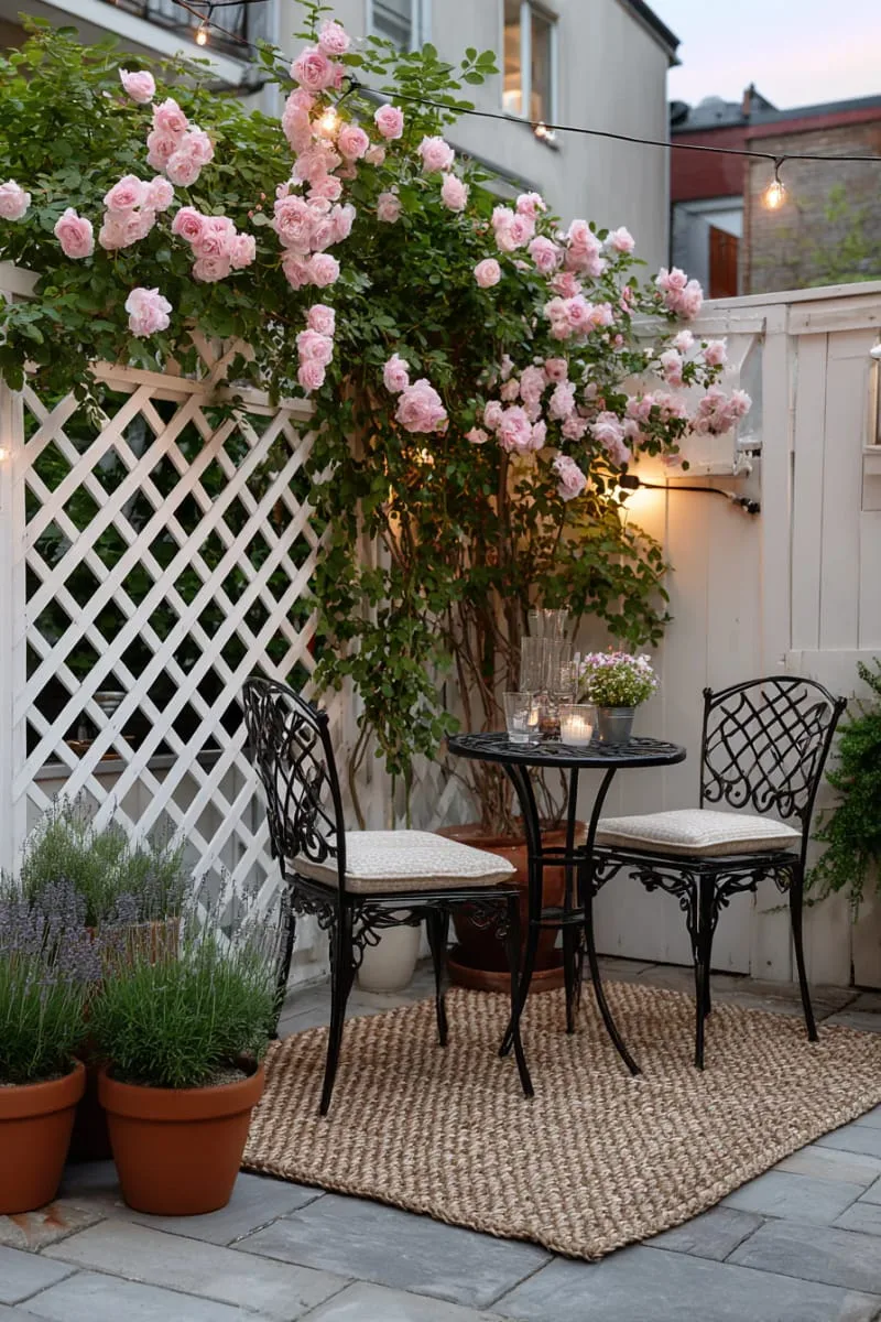 27 New Small Backyard Designs to Copy For Your Outdoor Space 60 lattice privacy screen with climbing roses and fairy lights 1