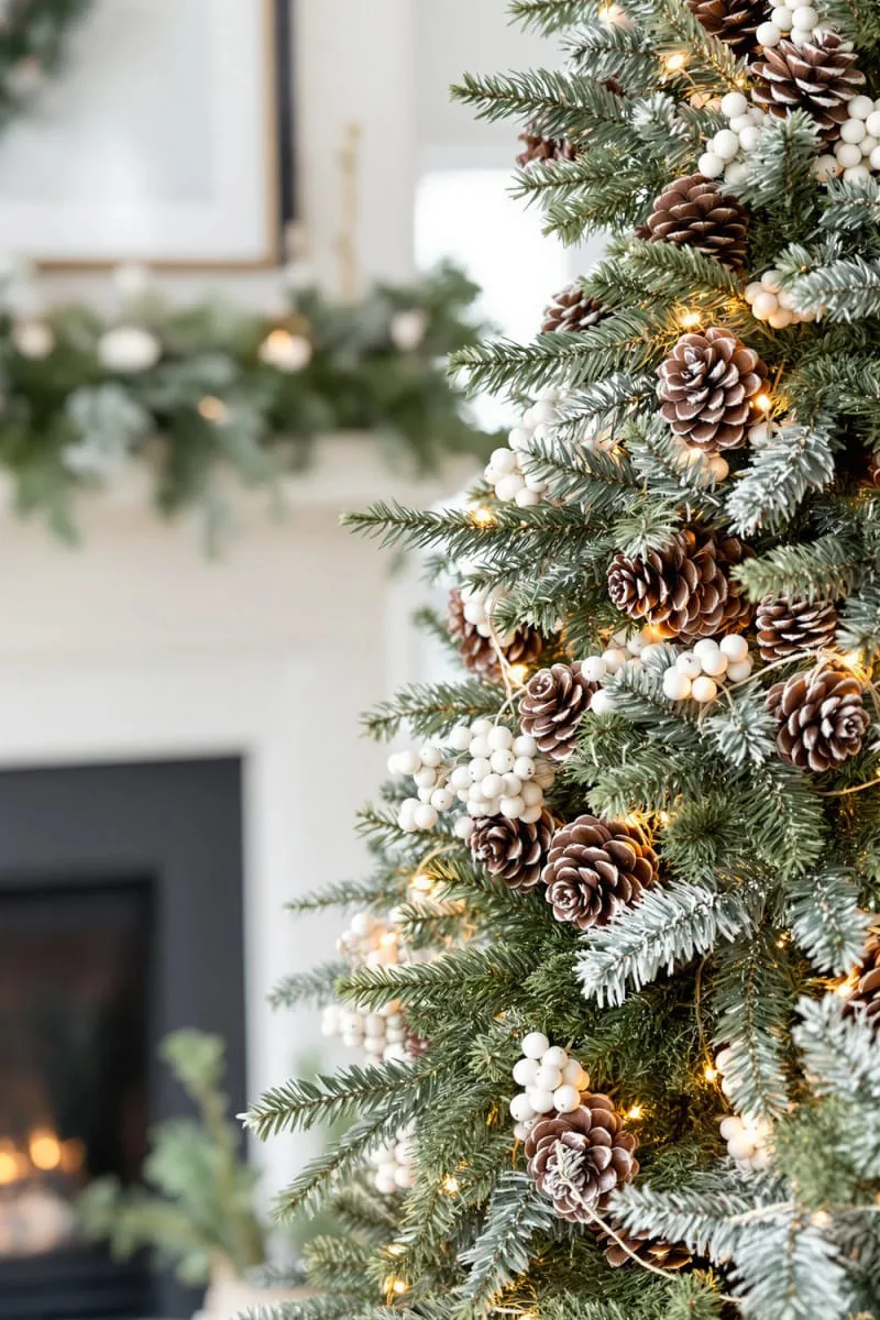 31 Dreamy Christmas Tree Decorations for a Unique Festive Touch 8 layered frosted pinecones and white berry clusters for rustic christmas decorations 1