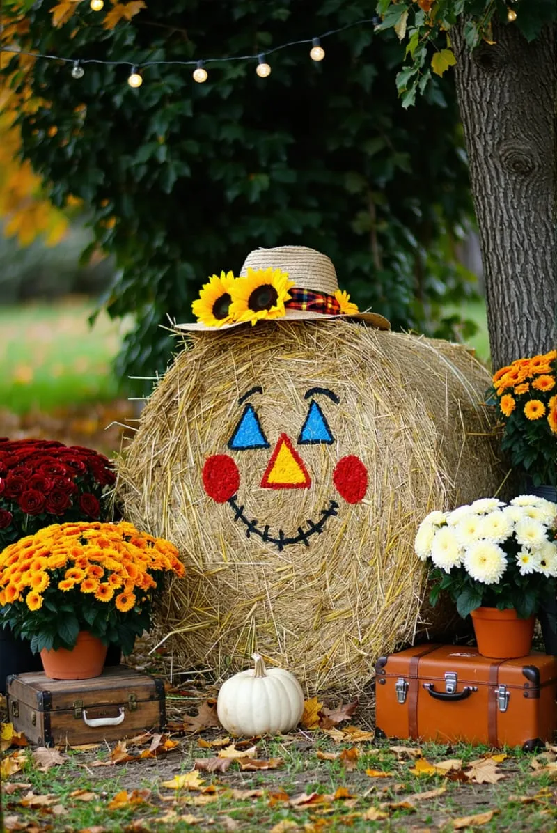 layered hay bales with lanterns for a festive photo spot 1