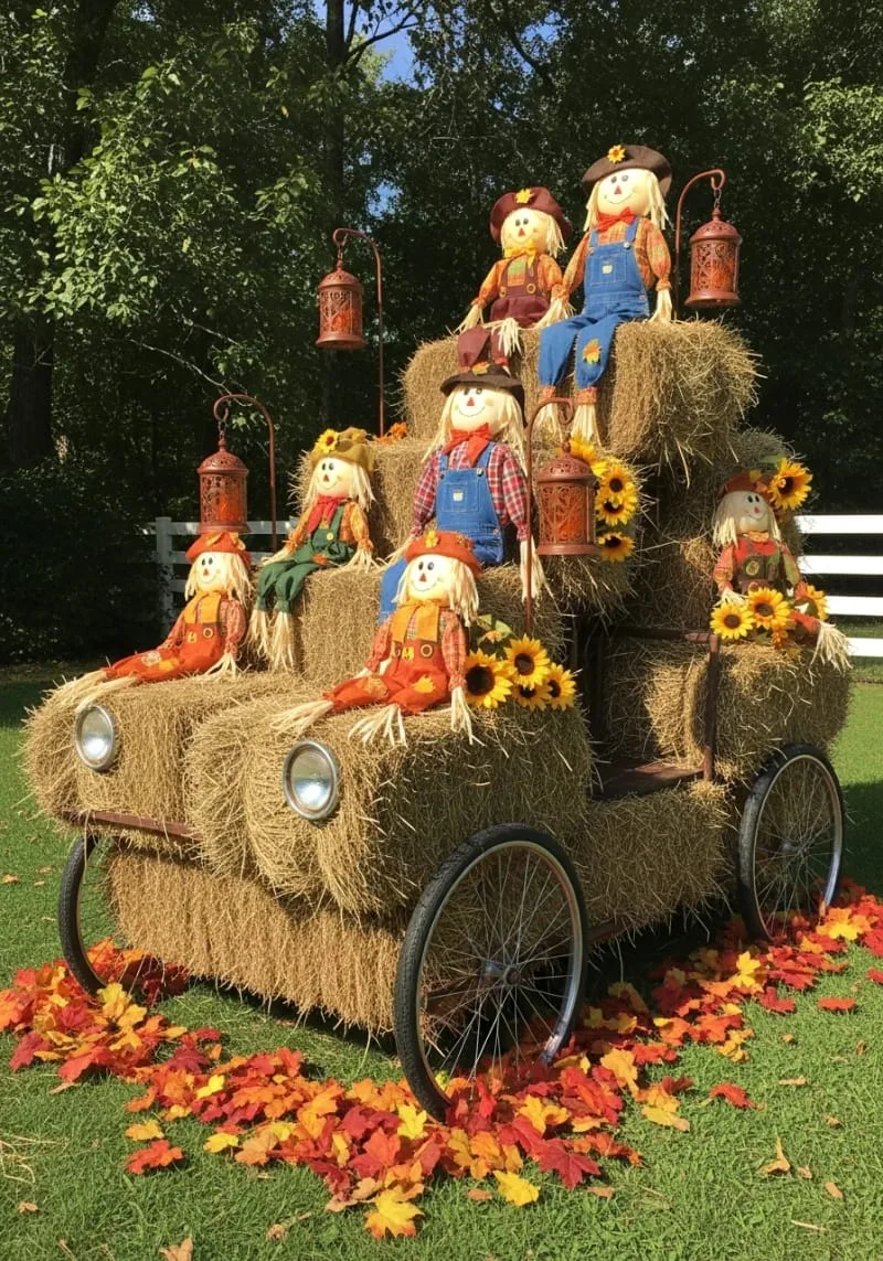 layered hay bales with lanterns for a festive photo spot 1