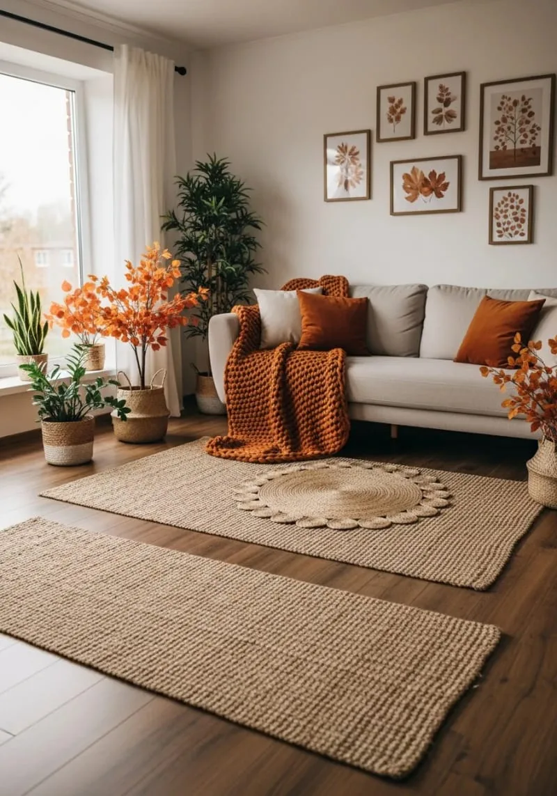 layered jute rugs with burnt orange accents 1