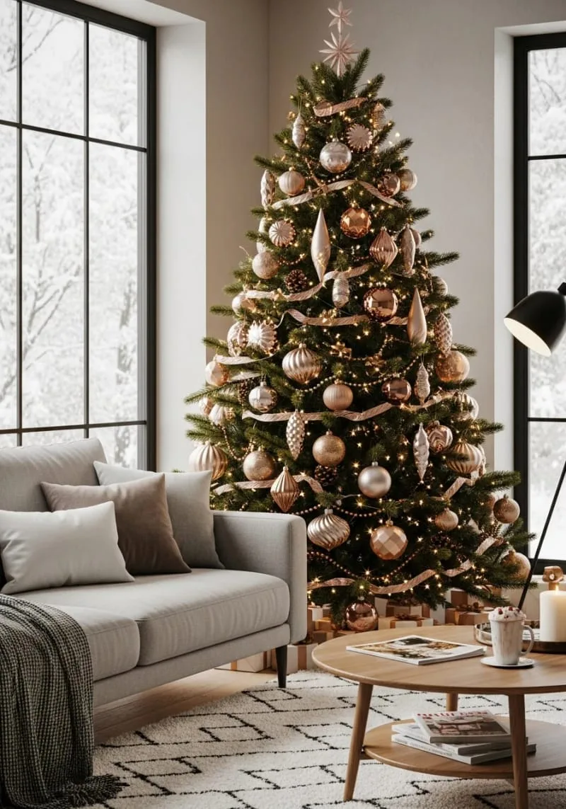 31 Dreamy Christmas Tree Decorations for a Unique Festive Touch 66 layered metallic ornaments in rose gold, copper, and bronze for chic tree style 1
