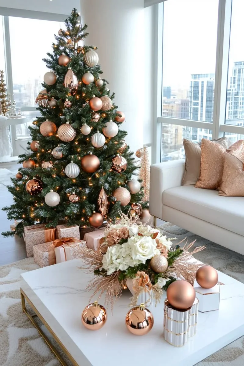 31 Dreamy Christmas Tree Decorations for a Unique Festive Touch 67 layered metallic ornaments in rose gold, copper, and bronze for chic tree style 1