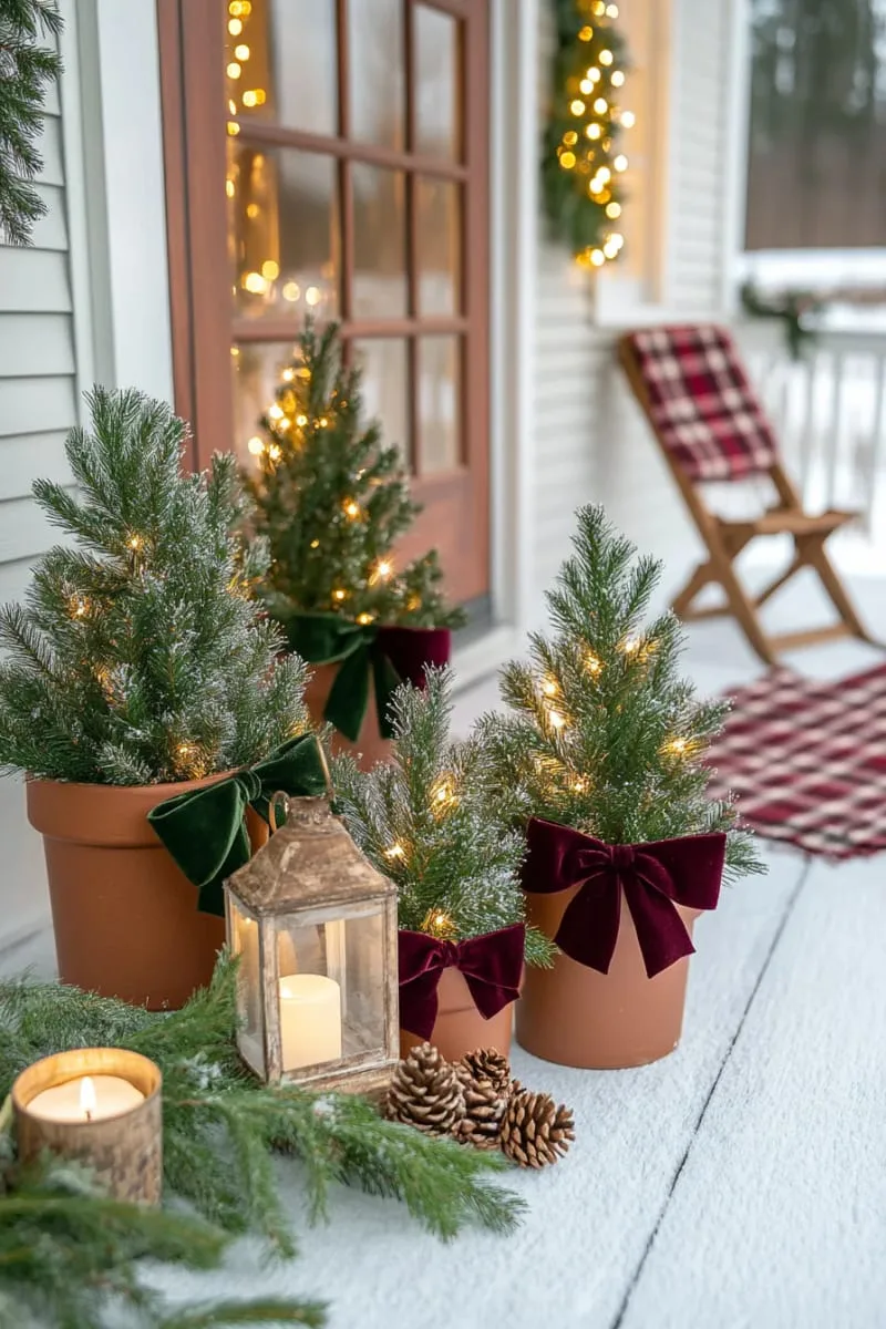 layered mini christmas trees in terracotta pots with velvet bows 1