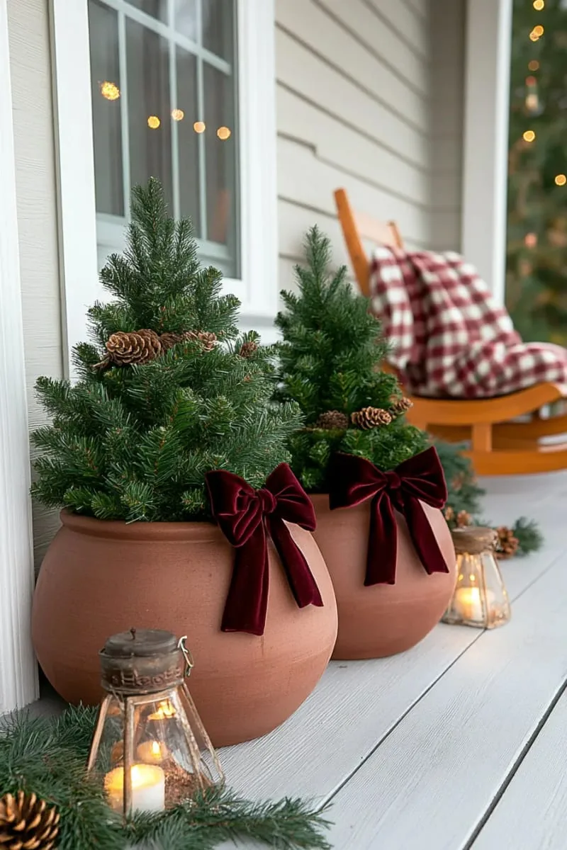 layered mini christmas trees in terracotta pots with velvet bows 1