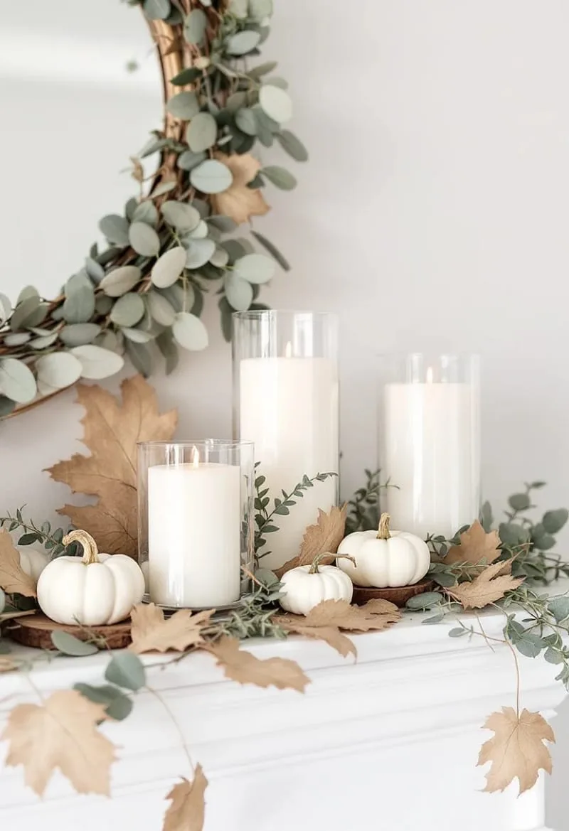 layered mini white pumpkins with eucalyptus sprigs for a neutral autumn vibe 1