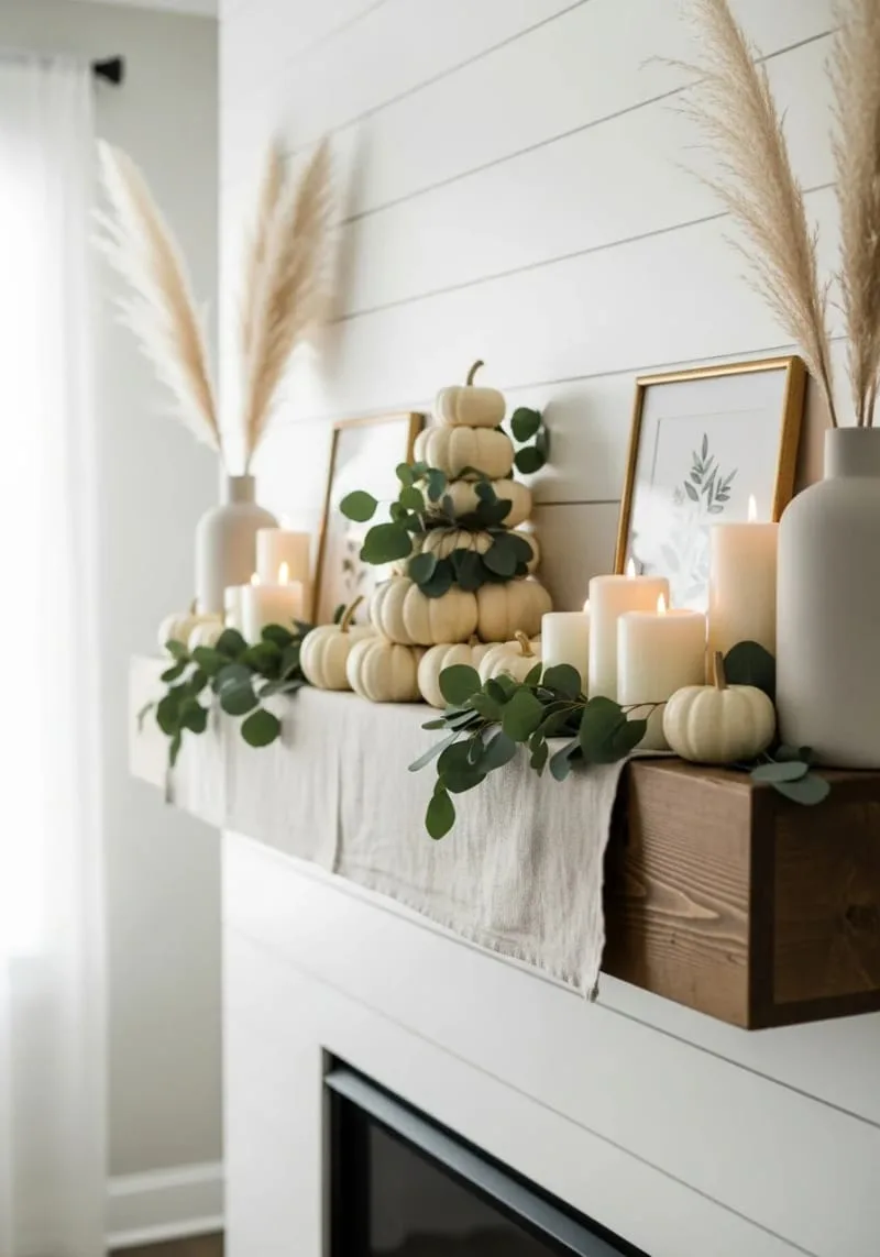 layered mini white pumpkins with eucalyptus sprigs for a neutral autumn vibe 1