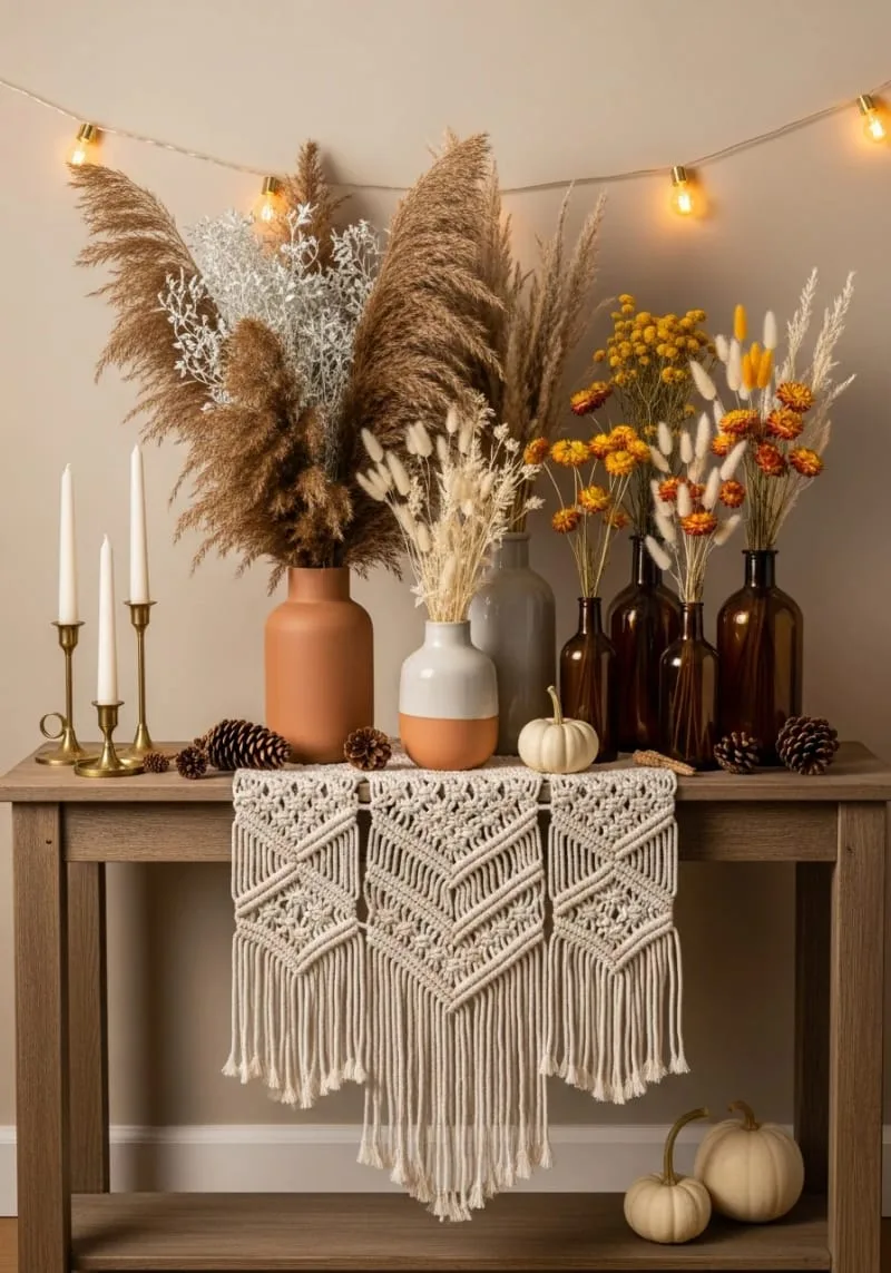 layered pampas grass and dried floral sprays for boho vibes 1