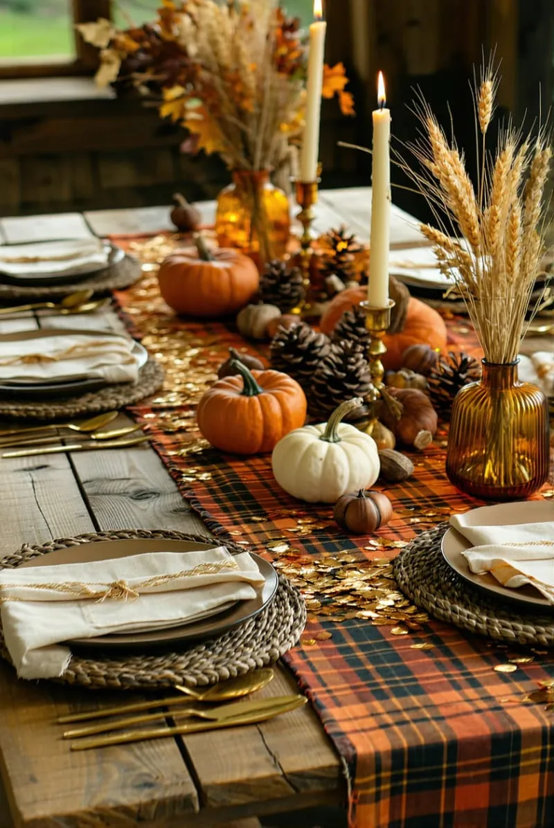 layered plaid table runner with metallic leaf confetti 1 layered plaid table runner with metallic leaf confetti 1