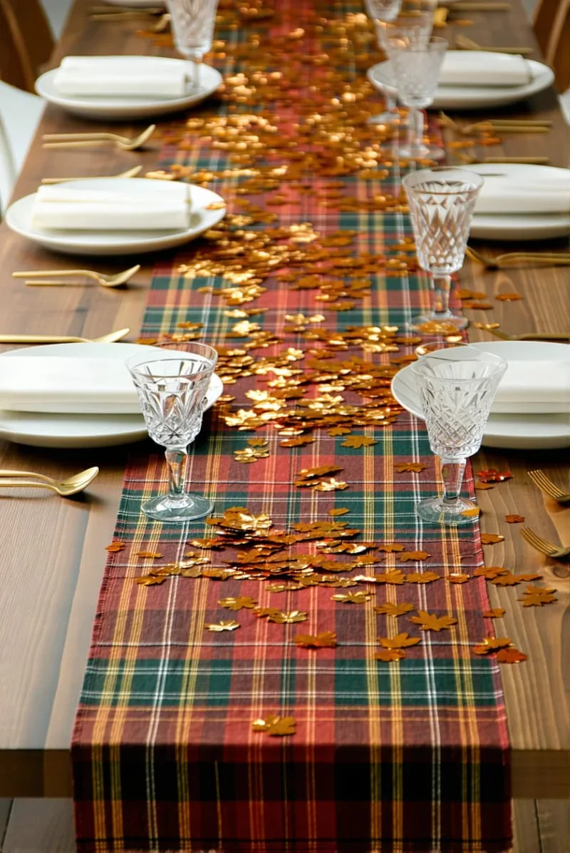 layered plaid table runner with metallic leaf confetti 1 layered plaid table runner with metallic leaf confetti 1