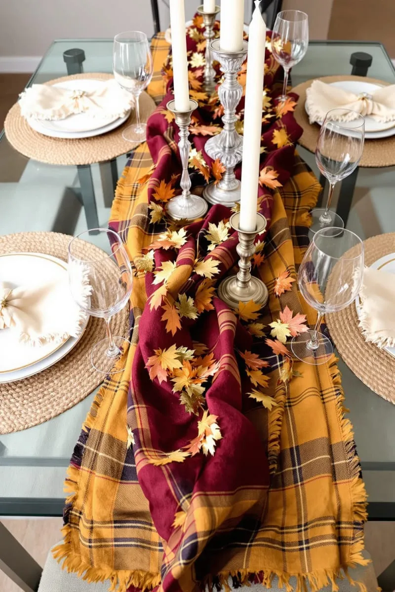 layered plaid table runner with metallic leaf confetti 1 layered plaid table runner with metallic leaf confetti 1