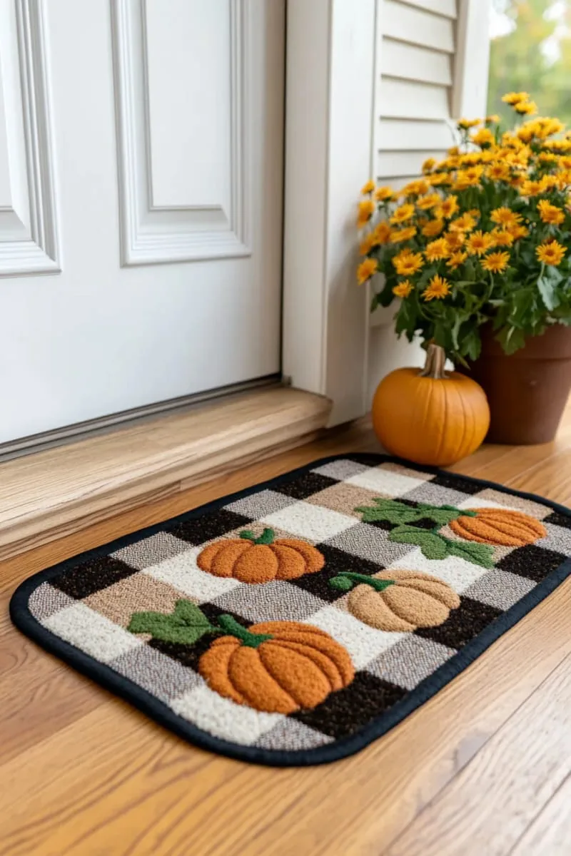 layered welcome mats in buffalo check and pumpkin motifs 1