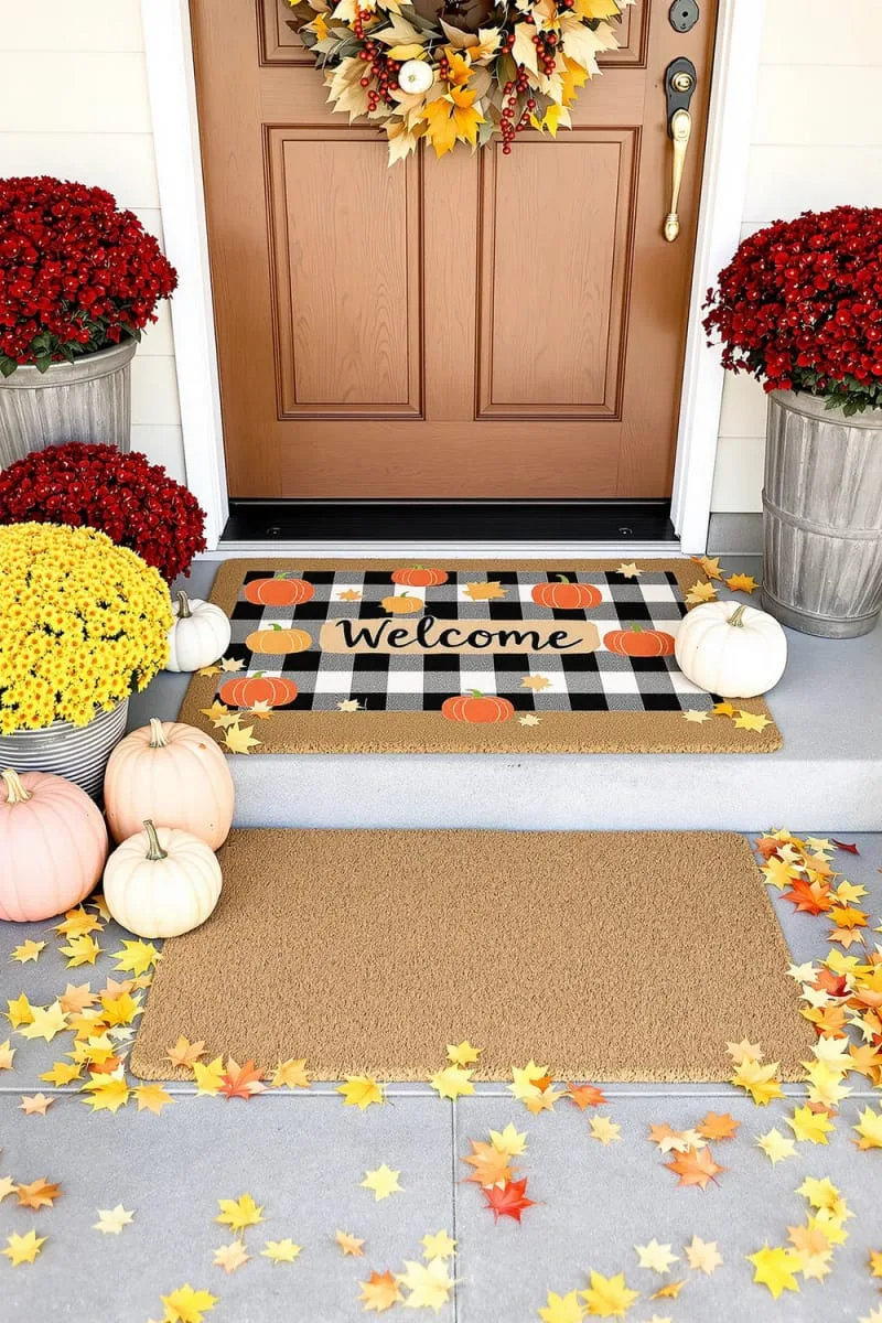 layered welcome mats in buffalo check and pumpkin motifs 1