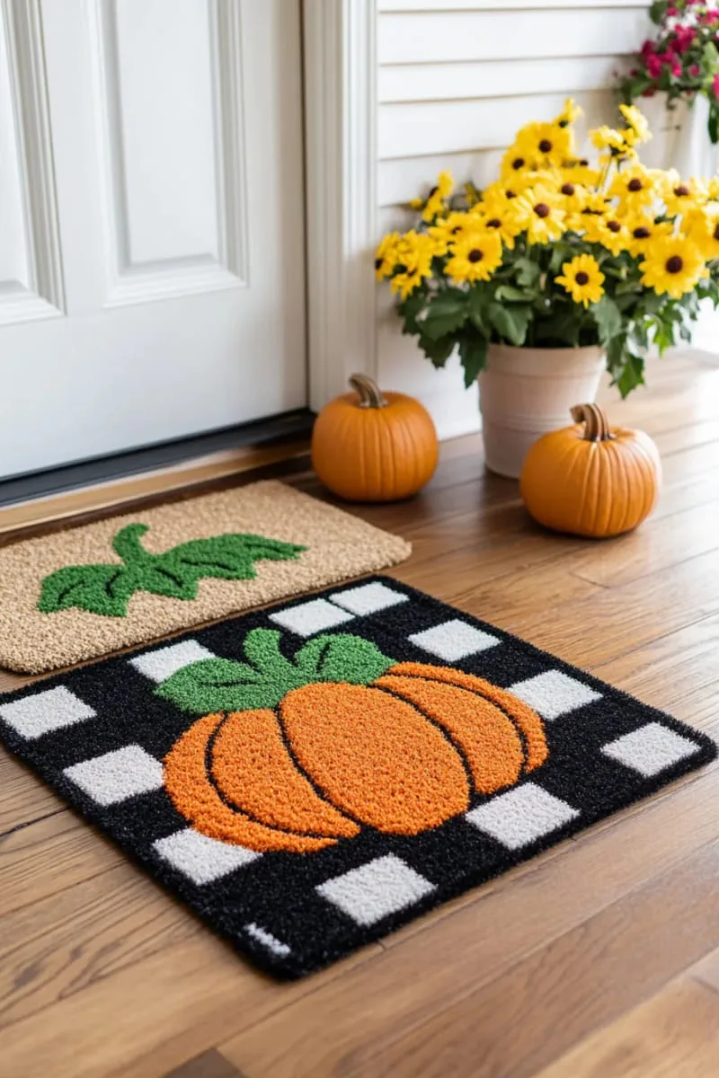 layered welcome mats in buffalo check and pumpkin motifs 1