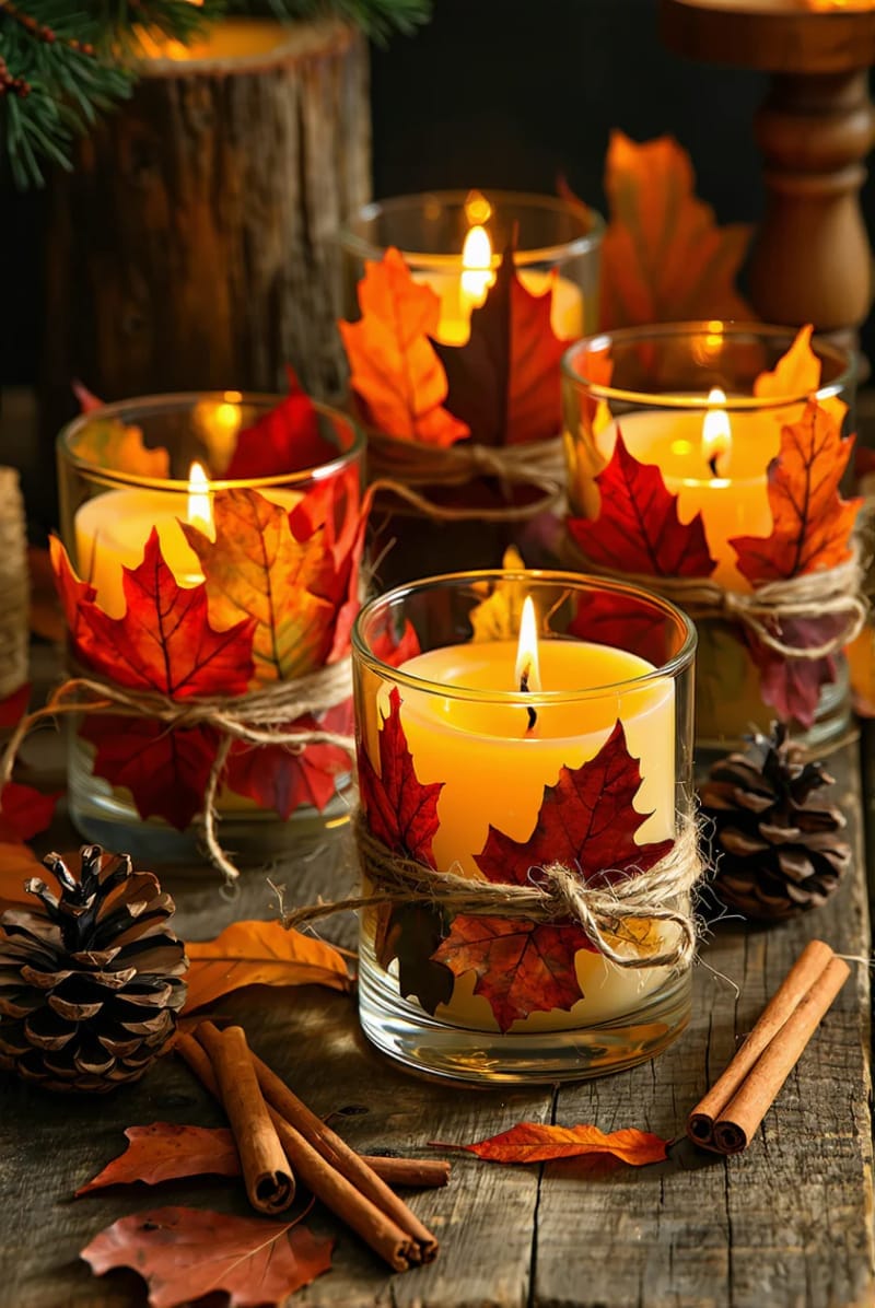 leaf-adorned candle holders glowing with cinnamon-scented candles 1