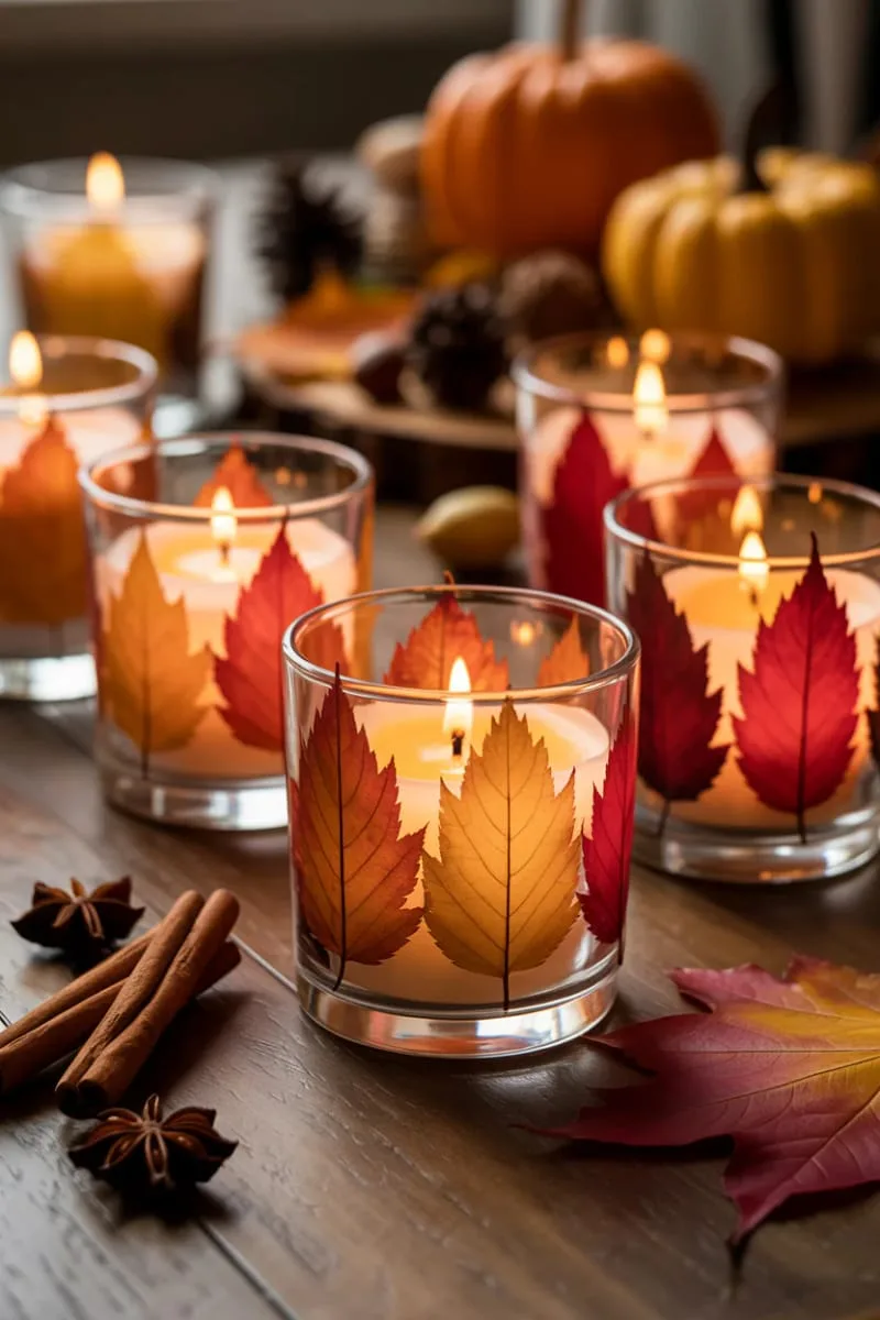 leaf-adorned candle holders glowing with cinnamon-scented candles 1