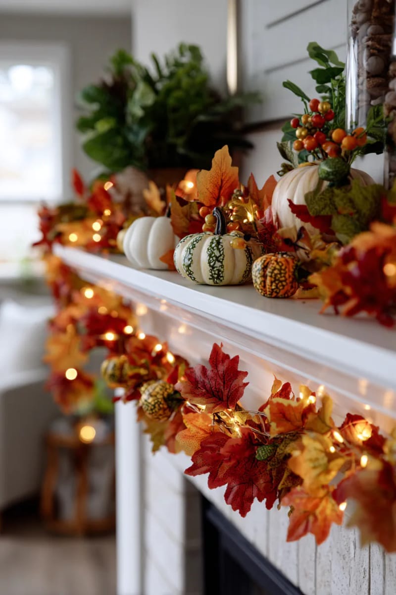 leaf garland draped across the mantel with mini gourds and twinkle lights 1
