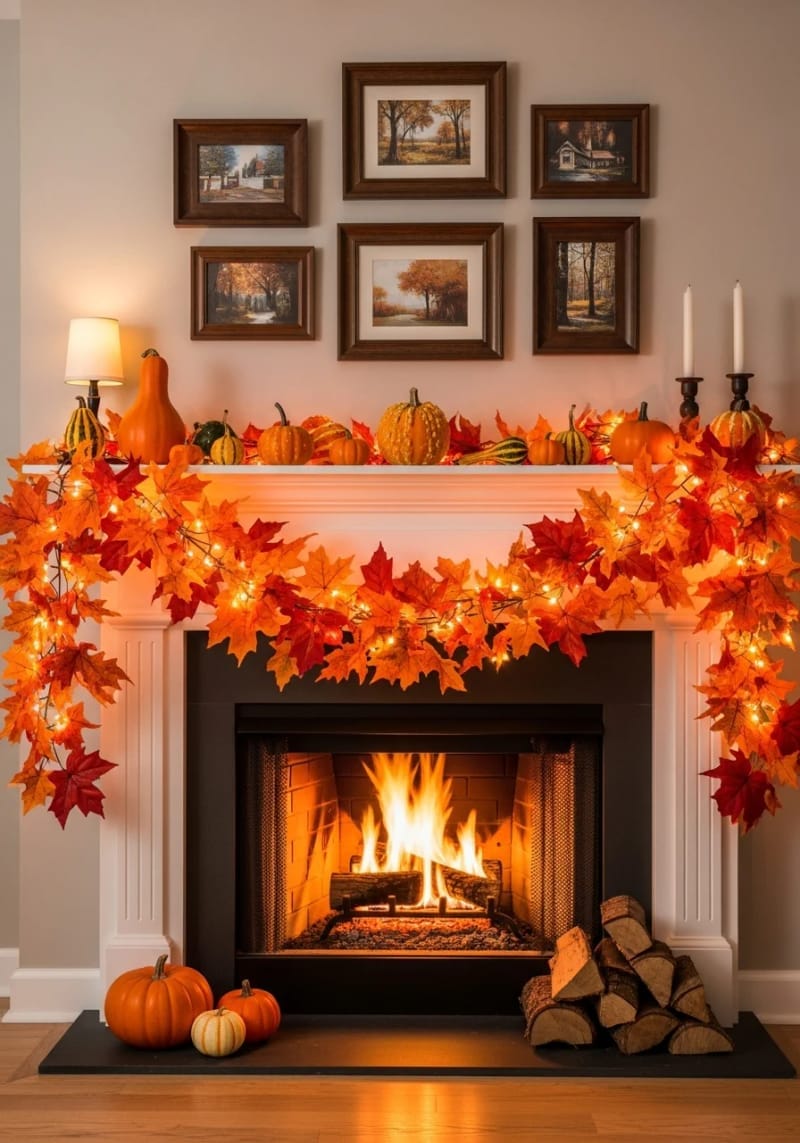 leaf garland draped across the mantel with mini gourds and twinkle lights 1