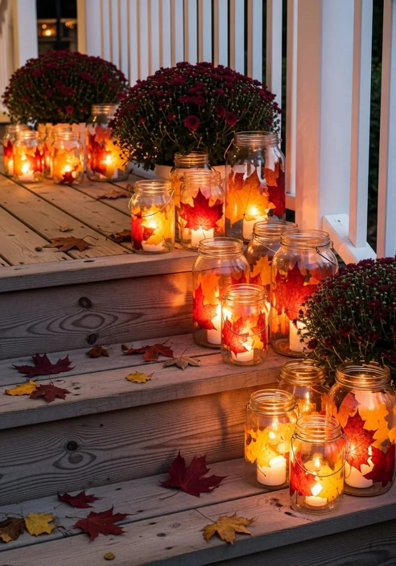 leaf-pressed lantern jars lining the porch steps 1