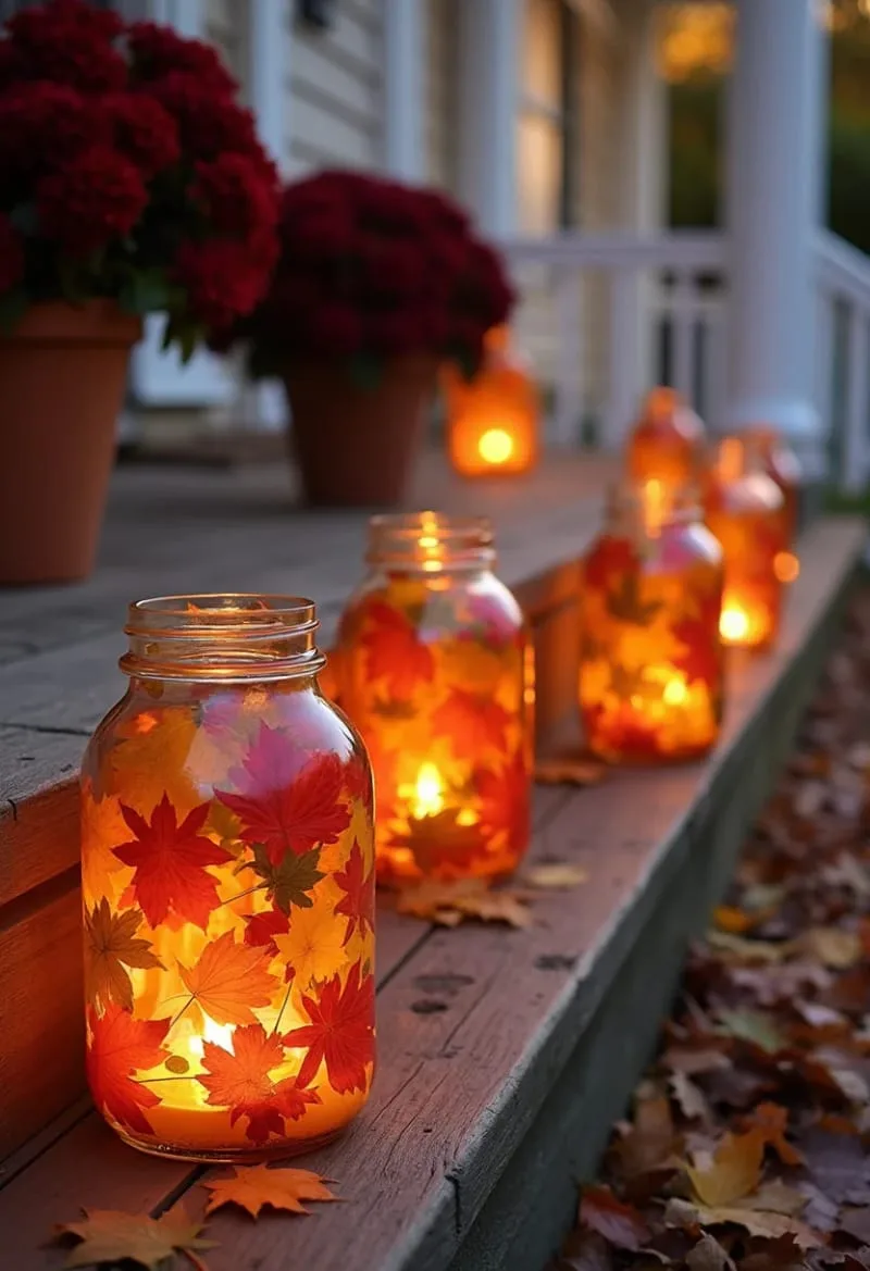 leaf-pressed lantern jars lining the porch steps 1