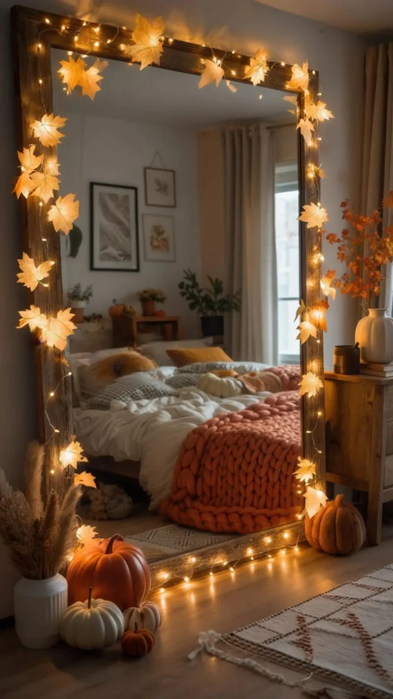 leaf-shaped fairy lights twined around mirrors 1