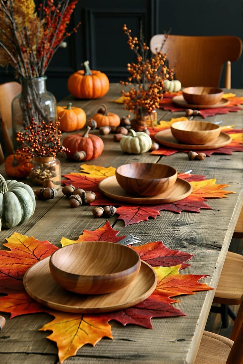 leaf-shaped placemats paired with rustic wooden tableware 1