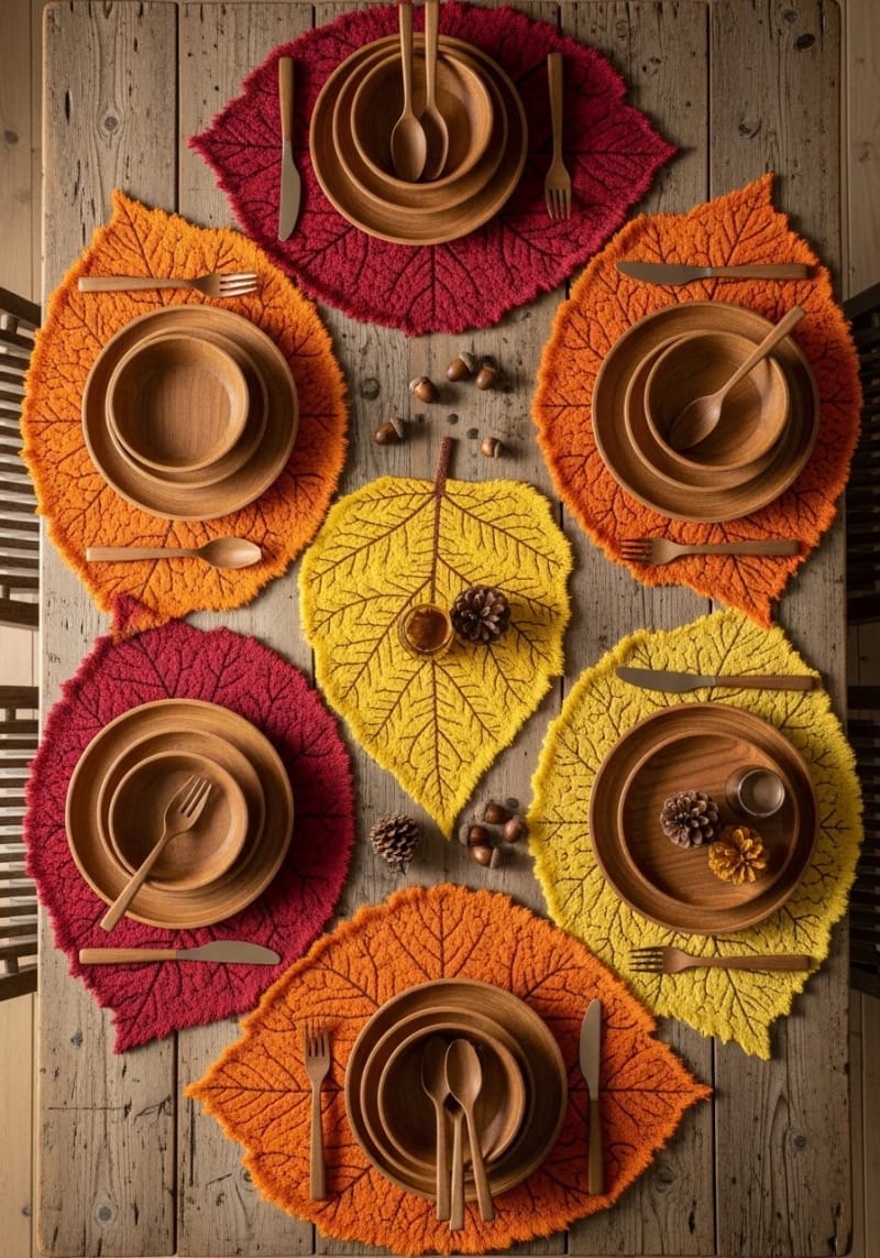 leaf-shaped placemats paired with rustic wooden tableware 1
