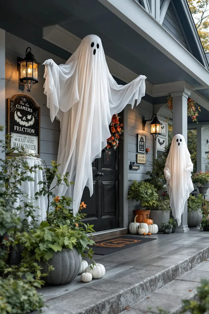 21 Halloween Porch Decorations: Ideas For A Unique Festive Entryway 30 life-sized ghostly figures made from cheesecloth and wire 1
