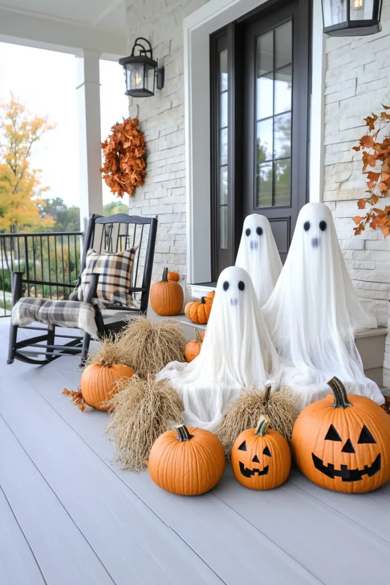 21 Halloween Porch Decorations: Ideas For A Unique Festive Entryway 31 life-sized ghostly figures made from cheesecloth and wire 1