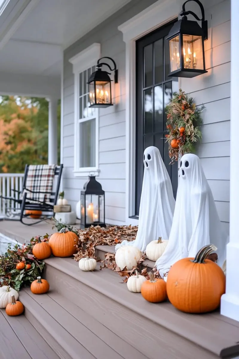 21 Halloween Porch Decorations: Ideas For A Unique Festive Entryway 34 life-sized ghostly figures made from cheesecloth and wire 1