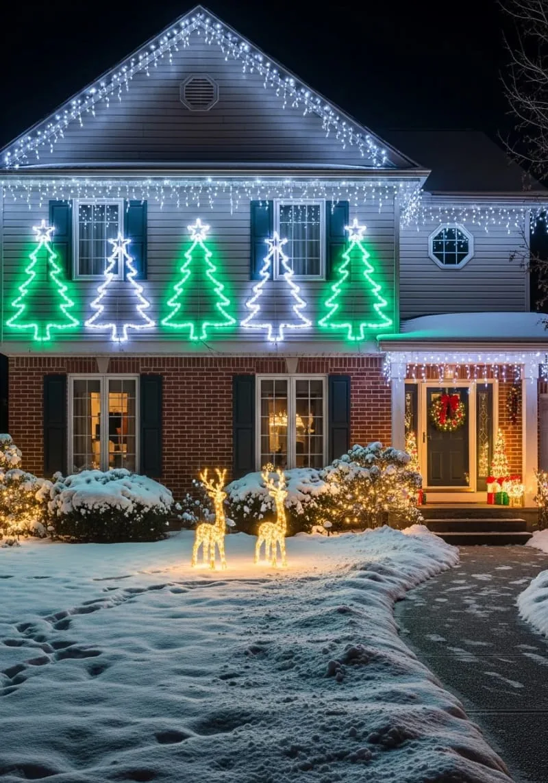 lighted christmas tree silhouettes on the house exterior 1