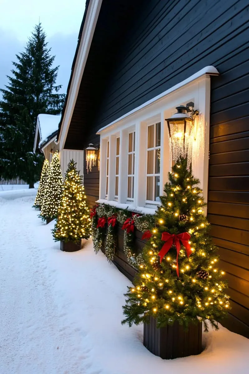 lighted christmas tree silhouettes on the house exterior 1