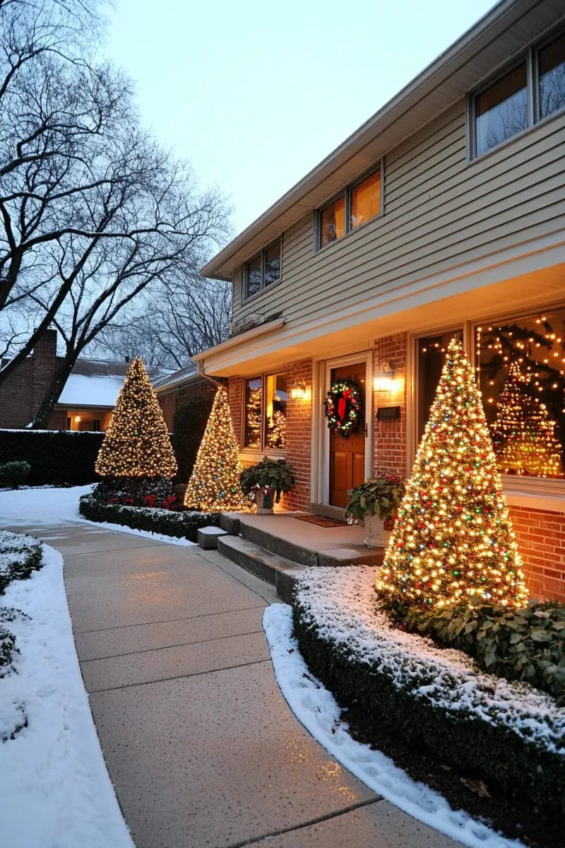 lighted christmas tree silhouettes on the house exterior 1