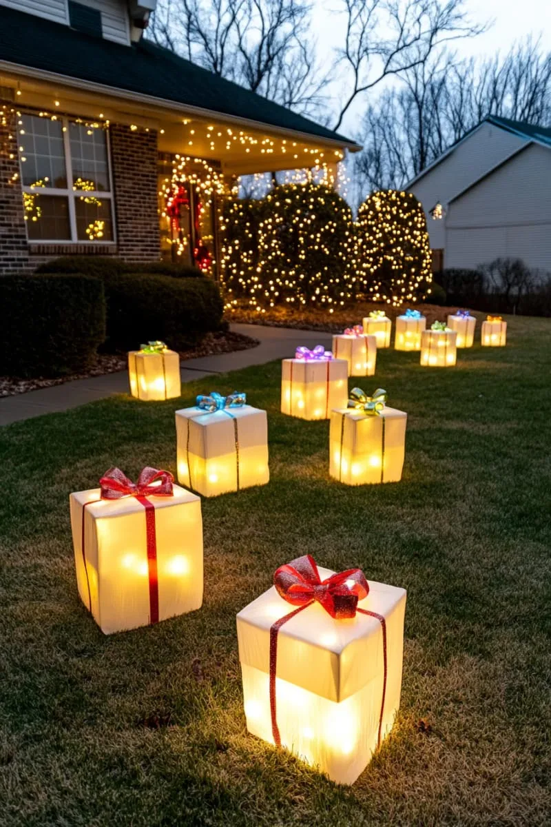 lit-up gift box sculptures scattered across the front yard 1