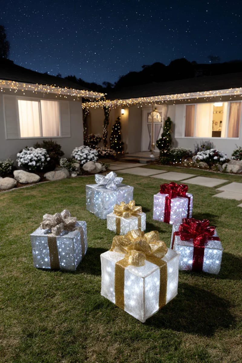 31 Outdoor Christmas Decorations: Ideas for a Magical Welcome 33 lit-up gift box sculptures scattered across the front yard 1