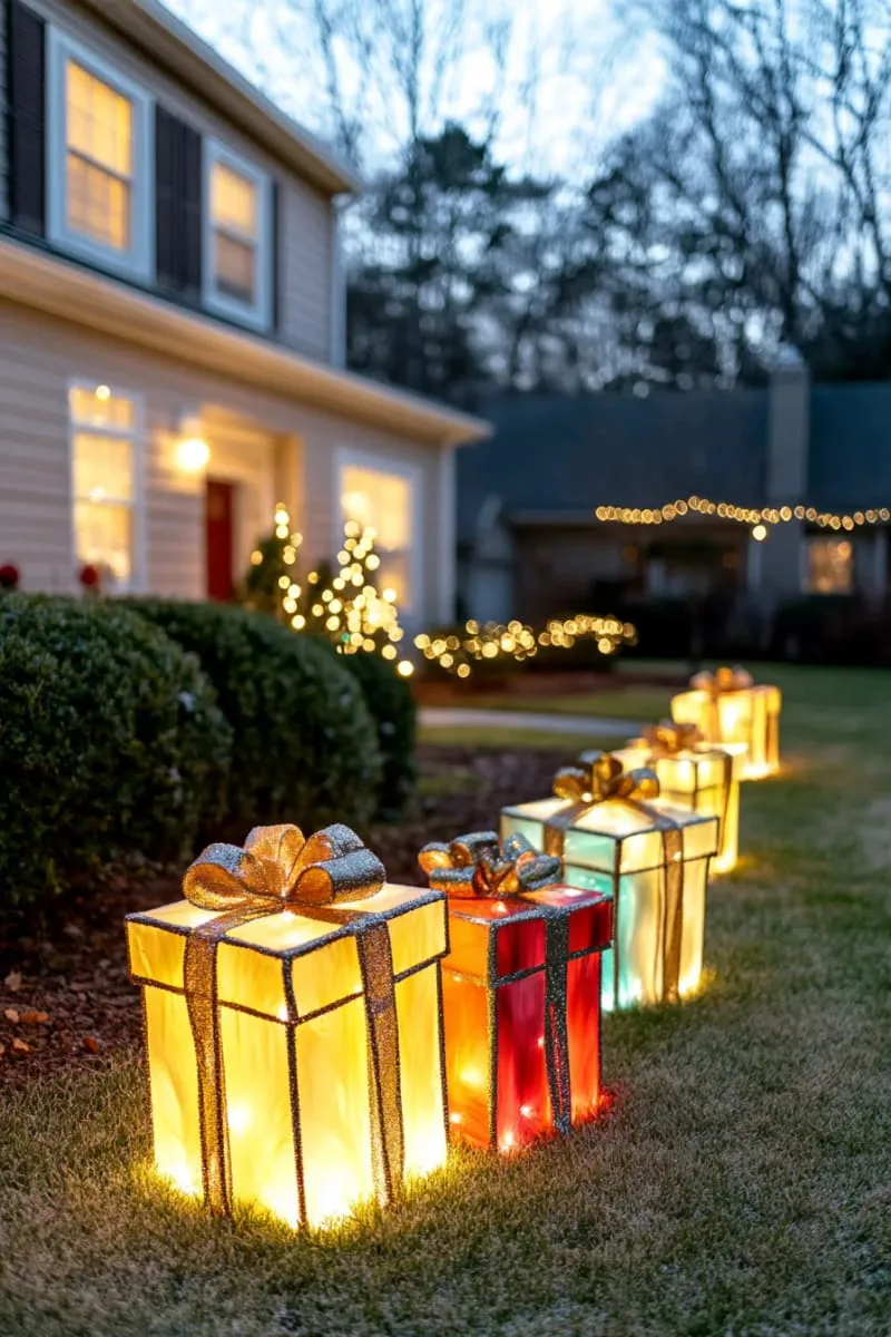 lit-up gift box sculptures scattered across the front yard 1