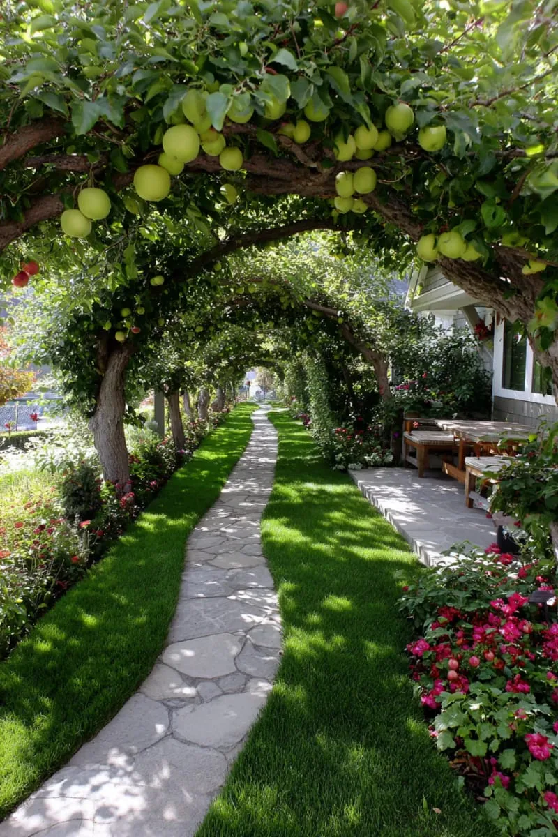 27 Unique Backyard Privacy Designs for A Serene Outdoor Oasis 38 living archways of espaliered fruit trees 1