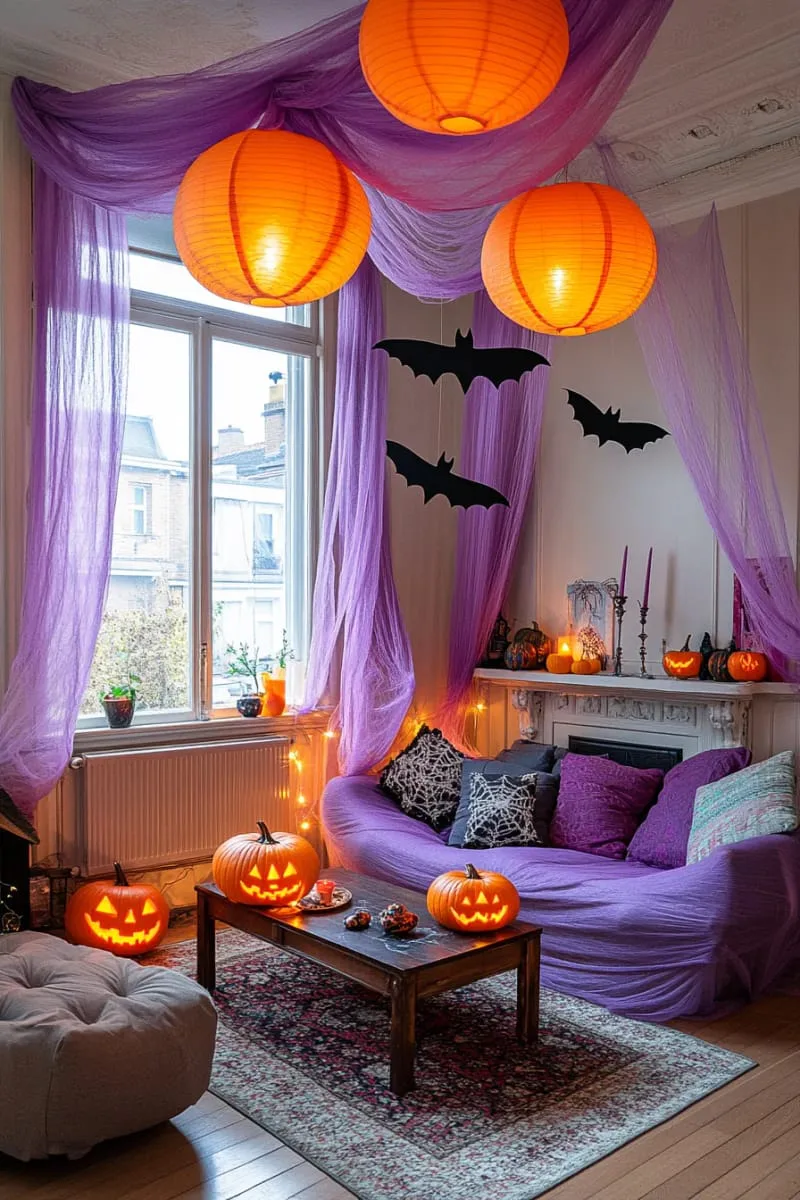 21 Elegant Indoor Halloween Decor Ideas for Modern Spaces 78 living room draped in purple mesh and glowing pumpkins. 1