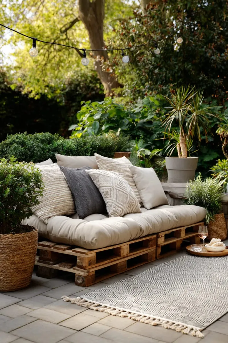 low pallet platform lounge with layered throw pillows 1