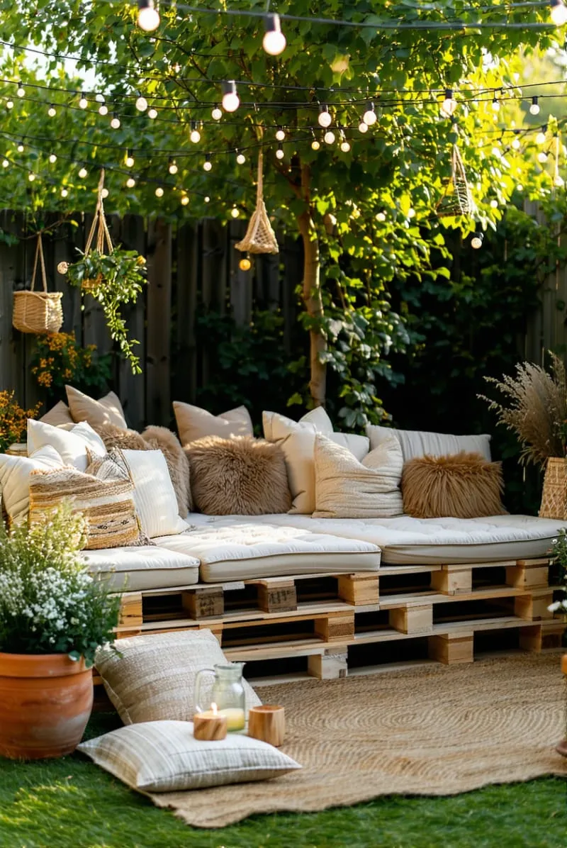 low pallet platform lounge with layered throw pillows 1