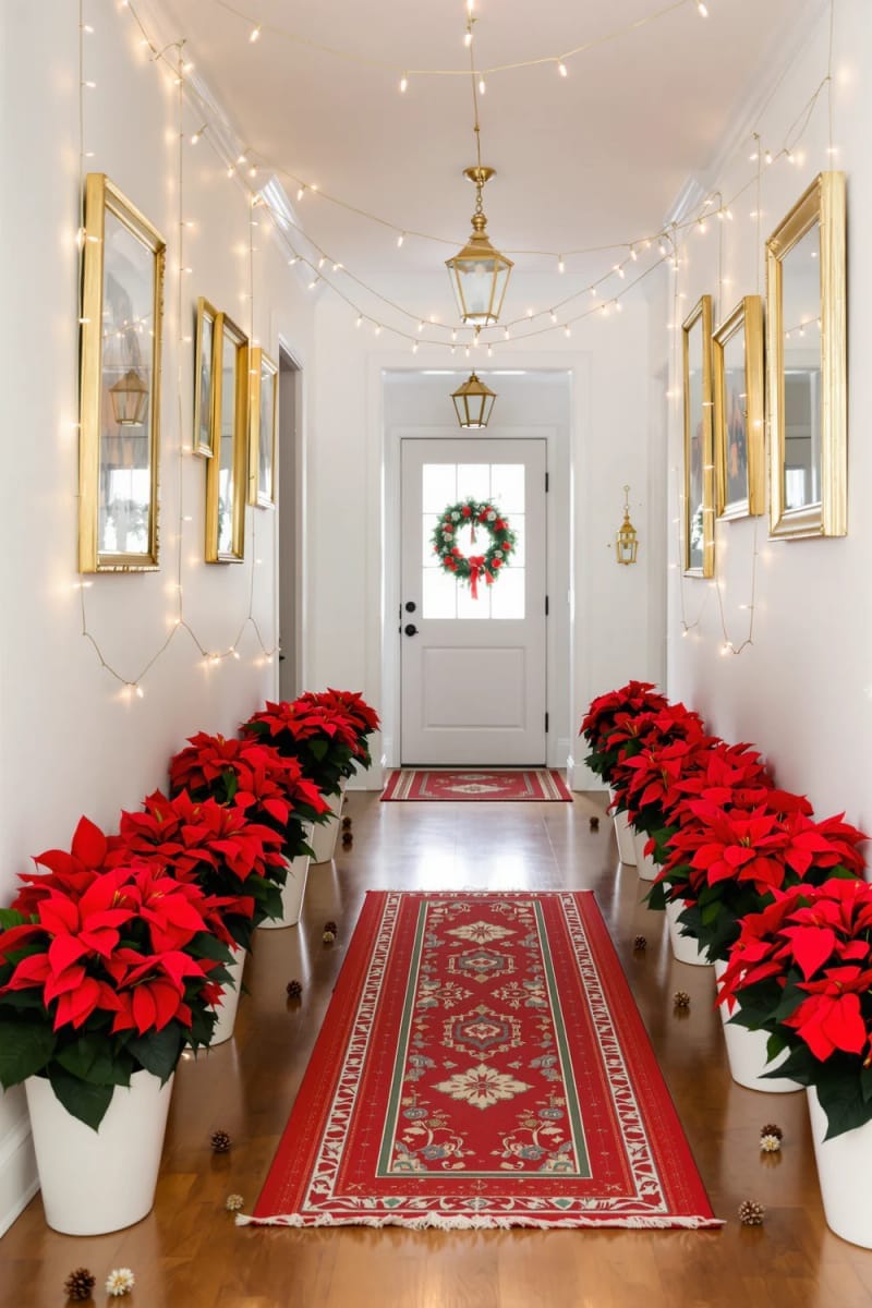 lush red poinsettias lining the hallway in glossy pots 1