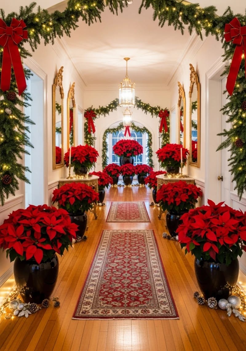 lush red poinsettias lining the hallway in glossy pots 1