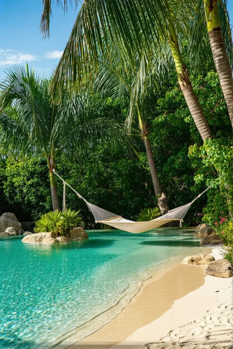 lush tropical palms and hammock beside a lagoon-style beach entry pool 1
