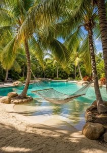 lush tropical palms and hammock beside a lagoon-style beach entry pool 2