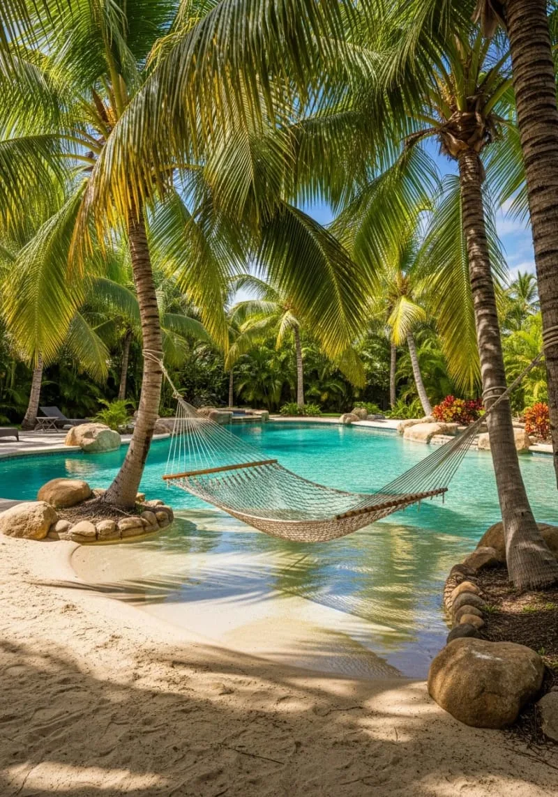 lush tropical palms and hammock beside a lagoon-style beach entry pool 1