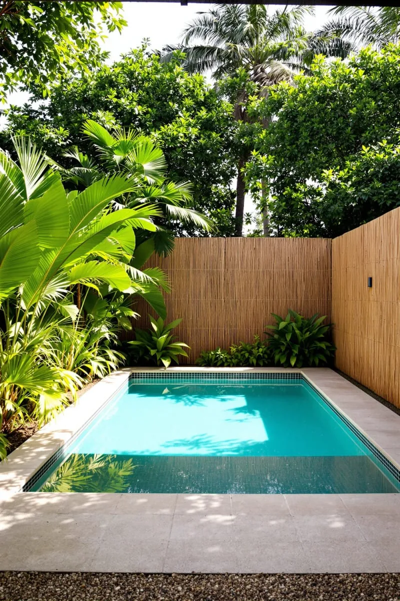 lush tropical paradise pool with palm trees and bamboo privacy screens 1