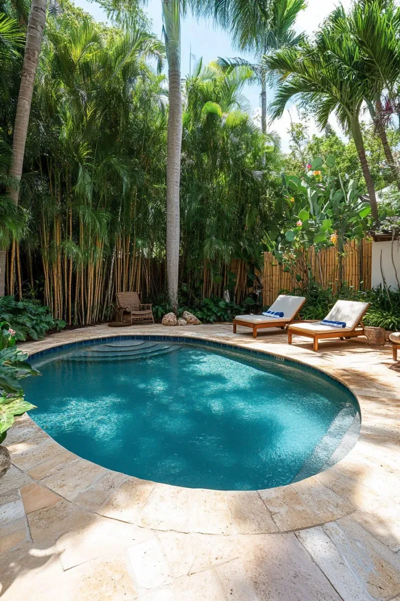 lush tropical paradise pool with palm trees and bamboo privacy screens 1